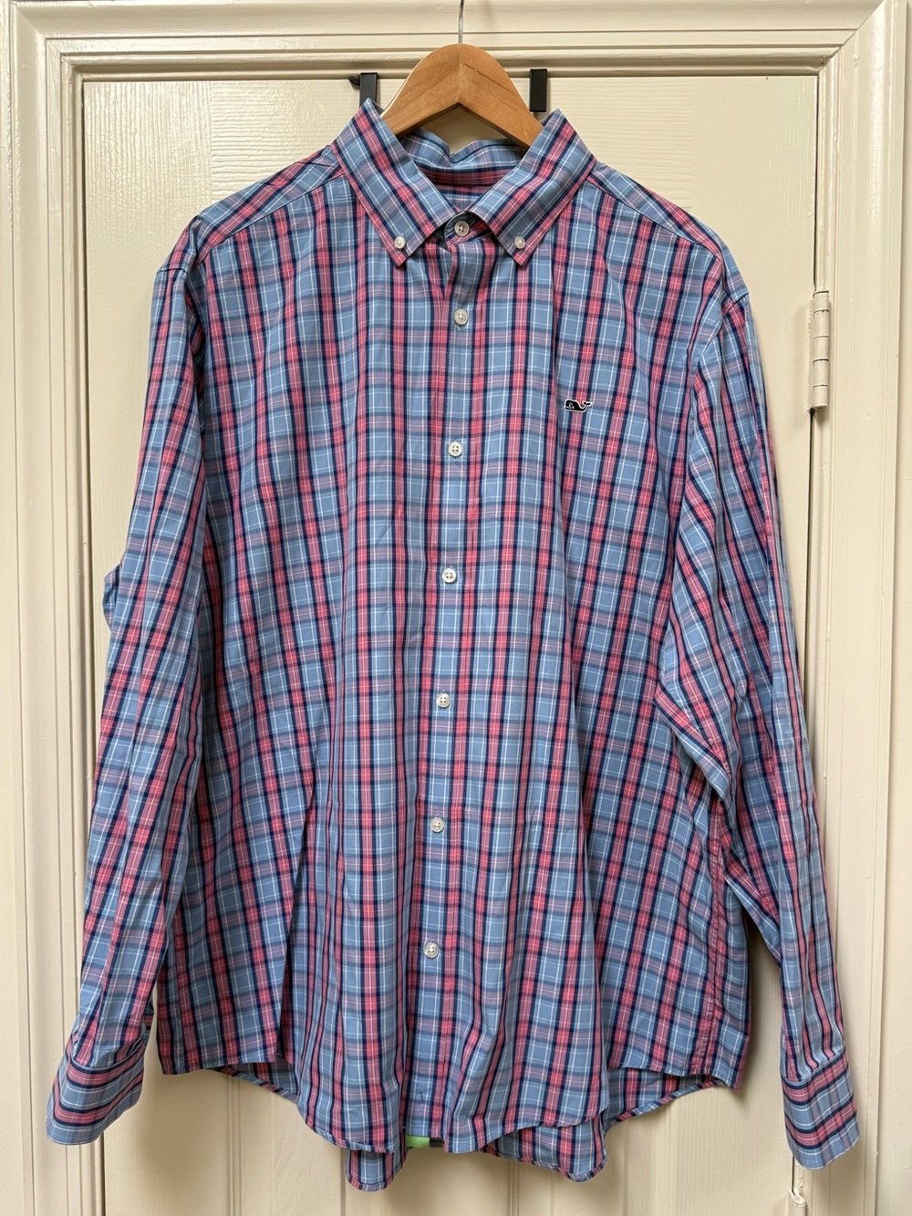 Vineyard Vines Men's Button-Down Blue/Pink Plaid Whale Short 100% Cotton Sz XL